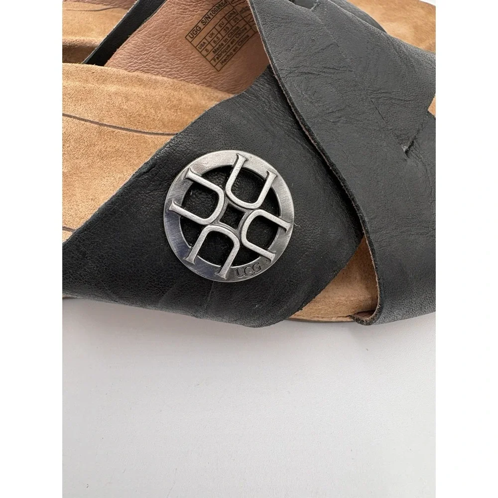UGG Lyra‎ Sandals Black Leather Cross Straps Wedge Open Round Toe Size 8